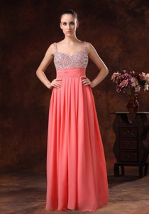 Beaded Decorate Straps And Bust Ruch Watermelon Red Chiffon Floor-length Prom Evening Dress
