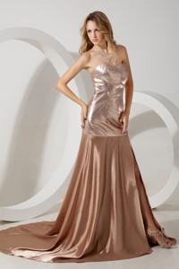 Champagne Empire Sweetheart Court Train Sequin and Elastic Woven Satin Prom / Evening Dress