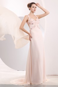 Beautiful Light Pink Prom / Evening Dress Empire Straps Appliques Watteau Train Chiffon