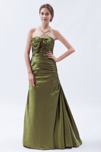 Olive Green Princess Strapless Brush Train Taffeta Ruch And Bow Evening Gown