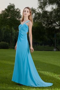Baby Blue Empire One Shoulder Brush Train Chiffon Appliques and Ruch Prom / Celebrity Dress