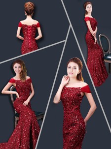 Winter Mermaid Off The Shoulder Sequins Evening Dress In Wine Red