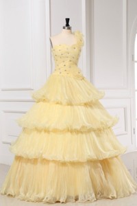 Light Yellow One Shoulder Quinceanera Dress With Beading And Pleats