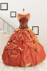 Orange Red And Black Sweetheart Appliques Quinceanera Dress With Wraps