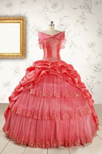 Puffy Appliques Watermelon Quinceanera Dress With Strapless