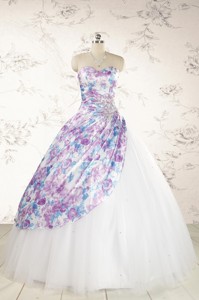 Printed Multi-color Quinceanera Dress With Beading And Ruching