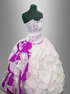 Latest Ball Gown Beaded Quinceanera Dress In White And Fuchsia