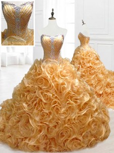 Elegant Sweetheart Rolling Flowers Brush Train Quinceanera Dress With Beading
