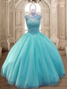 See Through Scoop Apple Green Quinceanera Dress with Beading for Spring