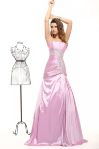 Pretty Strapless Pink Floor-length Taffeta Evening Dress With Beading