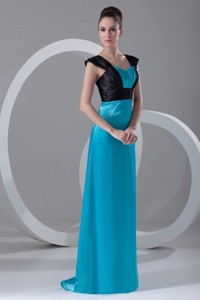 Column Straps Blue And Black Ruching And Appliques Elastic Woven Satin Evening Dress