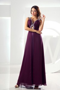 Beading Empire Chiffon Evening Dress V-neck Ankle-length Purple