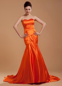 Beading Decorate Bodice Mermaid Orange Red Brush Train Sweetheart Neckline Evening Dress