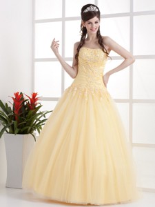 Gold Beautiful Strapless Quinceanera Dress Appliques and Ruch With Floor-length