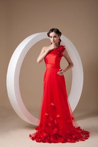 Red Empire One Shoulder Brush Train Taffeta S Prom / Evening Dress