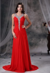 Grinnell Iowa Beaded Decorate Scoop Neckline and Bust Brush Train Red Chiffon Exclusive Style For 20