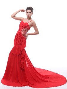 Spaghetti Straps Red Beaded Decorate And Ruch Evening Dress With Court Train