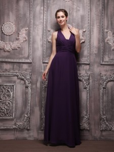 Dark Purple Empire Halter Floor-length Chiffon Ruch Prom / Evening Dress