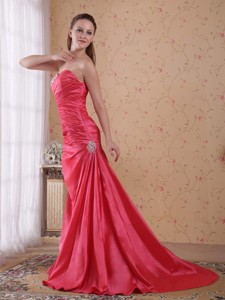 Coral Red Princess Sweetheart Court Train Taffeta Beading And Ruch Prom Celebrity Dress