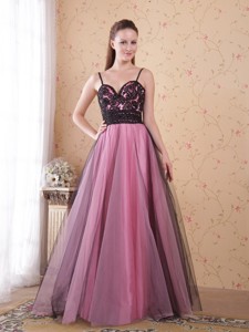 Rose Pink Princess Spaghetti Straps Floor-length Tulle Lace Evening Dress