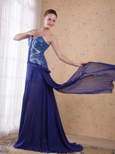 Royal Blue Empire Sweetheart Brush / Sweep Beading Pleat Chiffon Prom / Party Dress