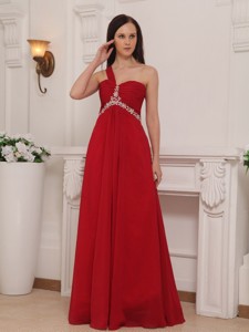 Red Empire One Shoulder Floor-length Chiffon Beading And Rush Evening Dress