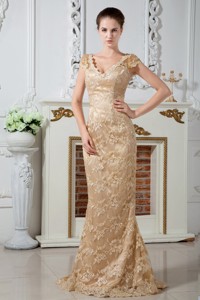 Champagne Column V-neck Lace And Embroidery Evening Gown Brush Train Satin