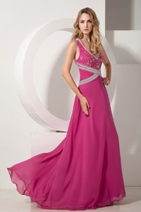 Hot Pink V-neck Floor-length Chiffon Appliques With Beading Evening Dress