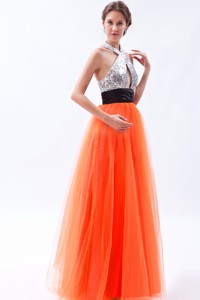 Orange Red Empire Halter Evening Dress Tulle And Sequin Floor-length