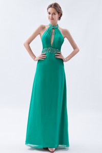 Turquoise Column / Sheath Evening Dress Backless Chiffon Beading High-neck