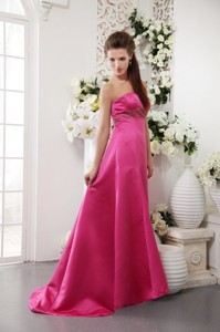 Hot Pink Princess Strapless Brush Train Satin Beading Hot Pink Prom Evening Dress