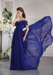 Blue Empire One Shoulder Brush Train Chiffon Ruch Prom / Graduation Dress