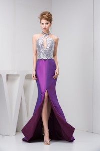 Silver and Eggplant Purple Prom Graduation Dress with Cutout
