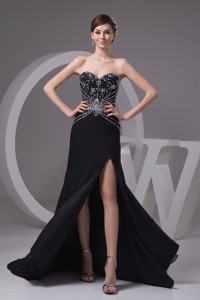 Beading and High Slit Decorated Sheath Black Brush Train Prom Gown