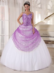 Lilac and White Ball Gown Spaghetti Straps Floor-length Appliques Quinceanera Dress
