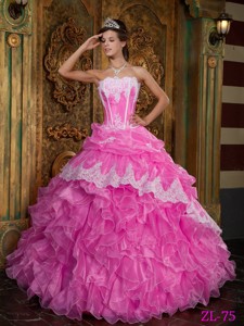 Hot Pink Ball Gown Strapless Floor-length Ruffles Organza Quinceanera Dress