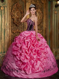 Rose Pink Ball Gown Strapless Floor-length Embroidery Taffeta Quinceanera Dress