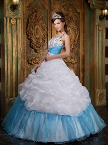 White And Blue Princess Halter Floor-length Beading Quinceanera Dress