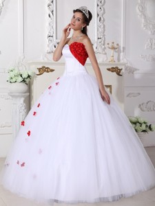 White and Red Ball Gown Sweetheart Floor-length Satin and Tulle Appliques Quinceanera Dress