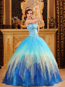 Gorgeous Ball Gown Sweetheart Floor-length Beading Satin and Organza Blue Quinceanera Dress
