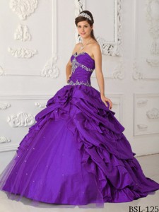 Purple Princess Sweetheart Floor-length Taffeta And Tulle Appliques With Beading Quinceaner