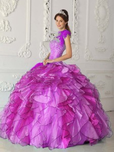 Fuchsia Ball Gown Strapless Floor-length Satin and Organza Beading Quinceanera Dress