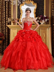 Red Ball Gown Sweetheart Floor-length Organza Appliques with Beading Quinceanera Dress