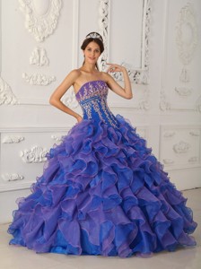 Blue Ball Gown Strapless Floor-length Organza Beading and Appliques Quinceanera Dress