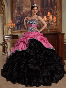 Coral Red and Black Ball Gown Sweetheart Floor-length Pick-ups Taffeta and Organza Quinceanera Dress