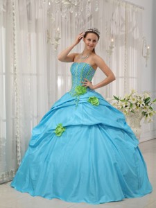 Baby Blue Ball Gown Strapless Floor-length Taffeta Beading and Hand Flowers Quinceanera Dress