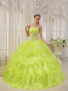 Yellow Ball Gown Strapless Floor-length Taffeta and Organza Beading Quinceanera Dress