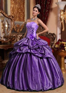 Purple Ball Gown Strapless Floor-length Taffeta Hand Made Flower Quinceanera Dress