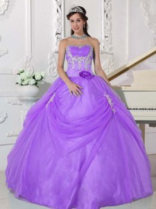 Lilac Ball Gown Strapless Floor-length Taffeta and Organza Appliques and Hand Made Flower Quinceaner