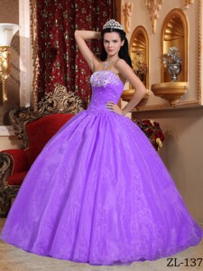 Lavender Ball Gown Strapless Floor-length Organza Appliques Quinceanera Dress